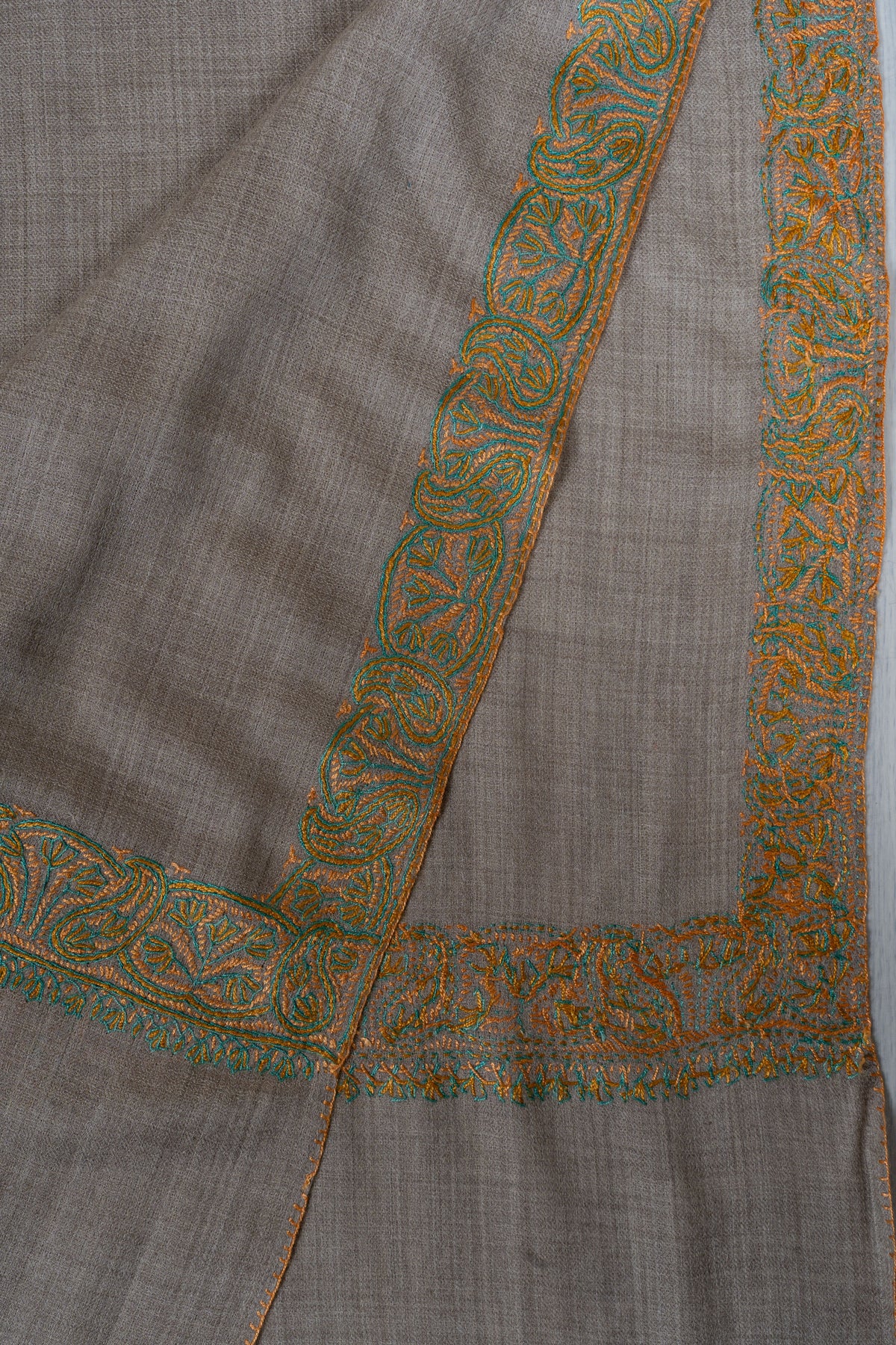 Meadow Taupe: Merino Wool Hand Embroidered 2.5 Yards Shawl