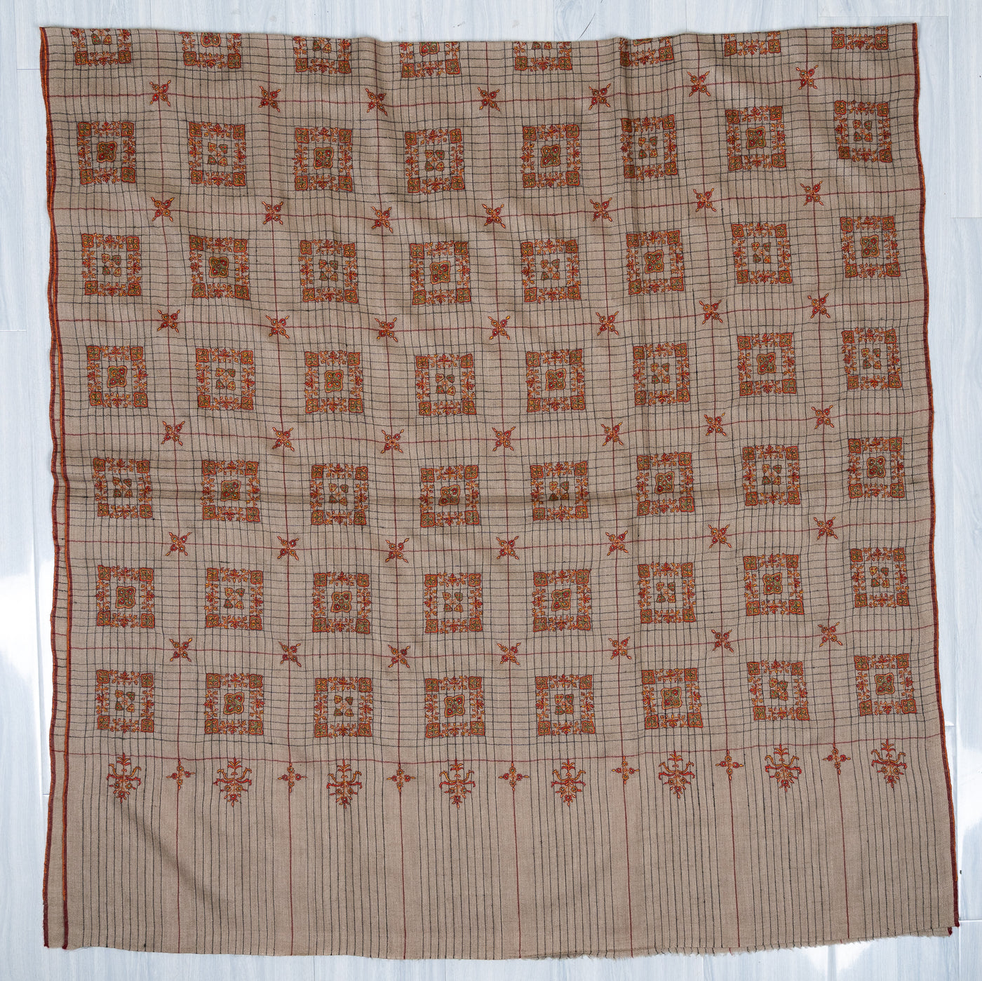 Sozni Hand Embroidered Pashmina: Sandstone Geometric Medallion Grid