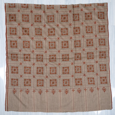 Sozni Hand Embroidered Pashmina: Sandstone Geometric Medallion Grid