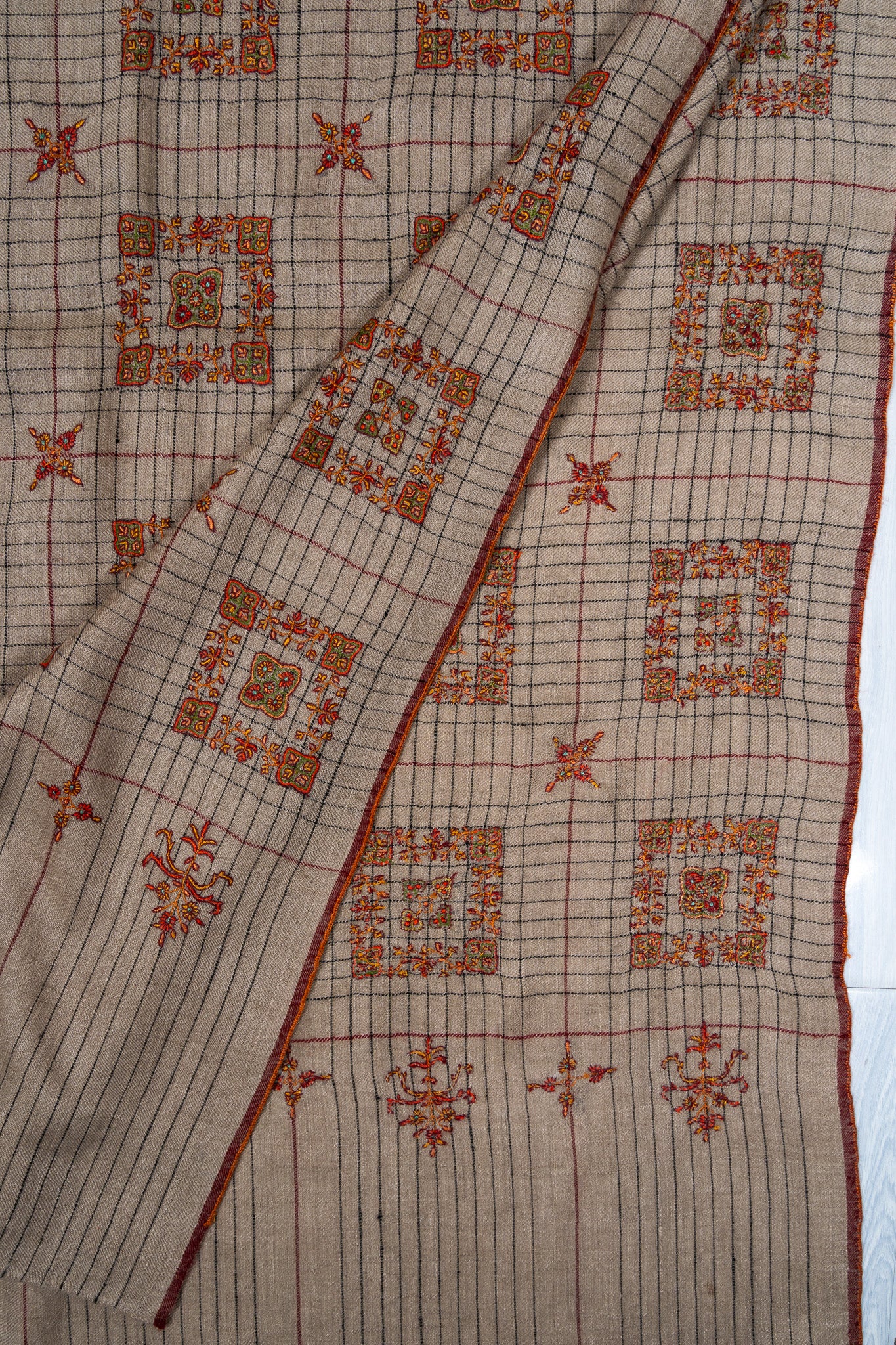 Sozni Hand Embroidered Pashmina: Sandstone Geometric Medallion Grid