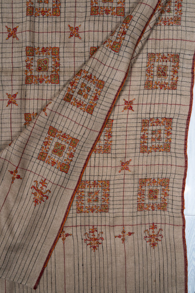 Sozni Hand Embroidered Pashmina: Sandstone Geometric Medallion Grid