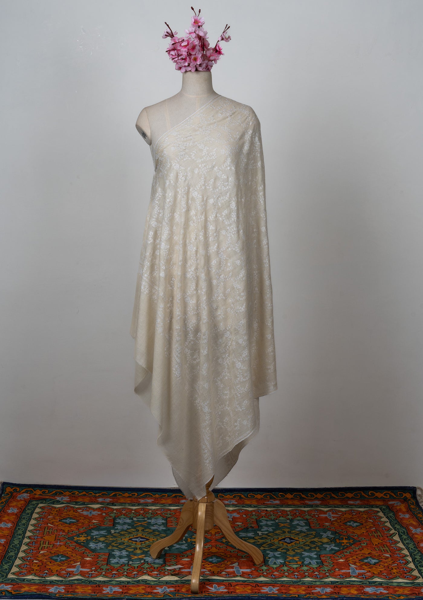 Sozni Hand Embroidered Pashmina: Ivory Whisper All Over Floral