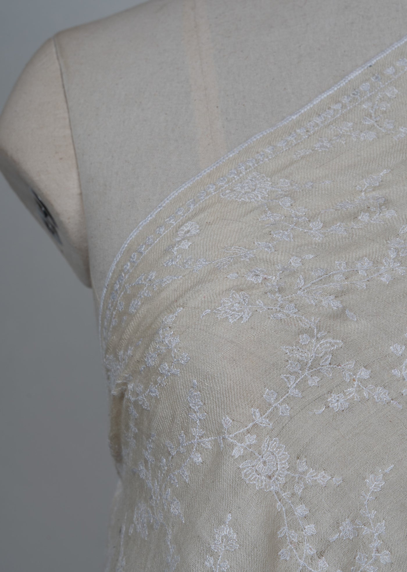 Sozni Hand Embroidered Pashmina: Ivory Whisper All Over Floral