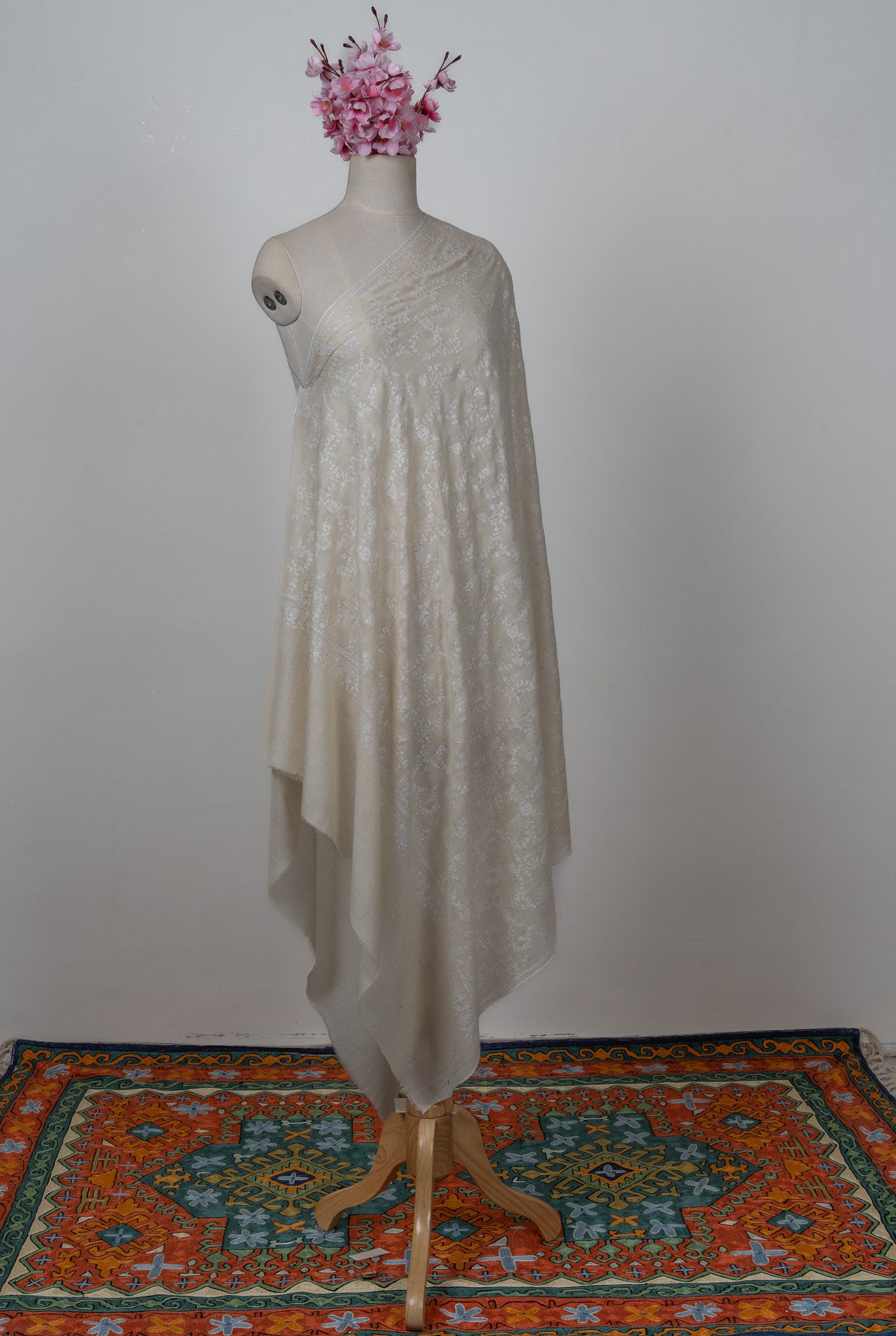 Sozni Hand Embroidered Pashmina: Ivory Whisper All Over Floral