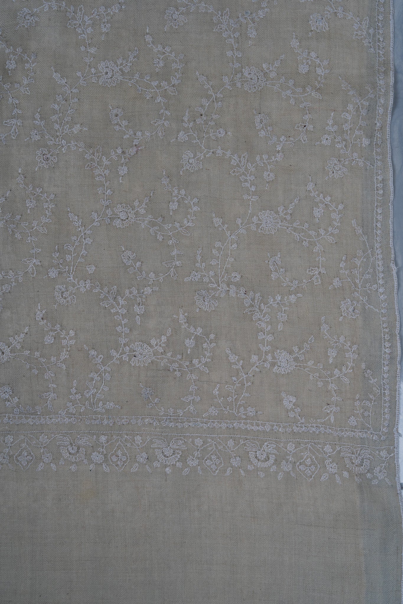 Sozni Hand Embroidered Pashmina: Ivory Whisper All Over Floral