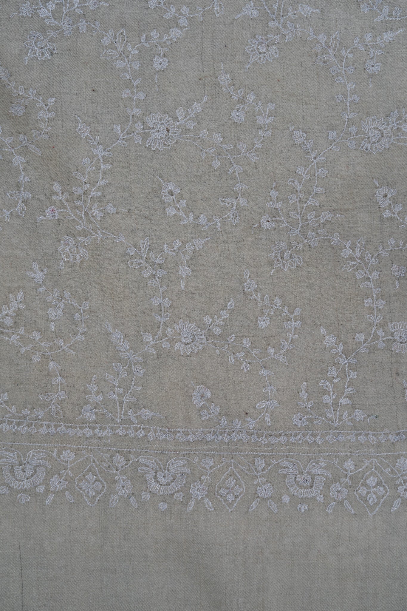 Sozni Hand Embroidered Pashmina: Ivory Whisper All Over Floral