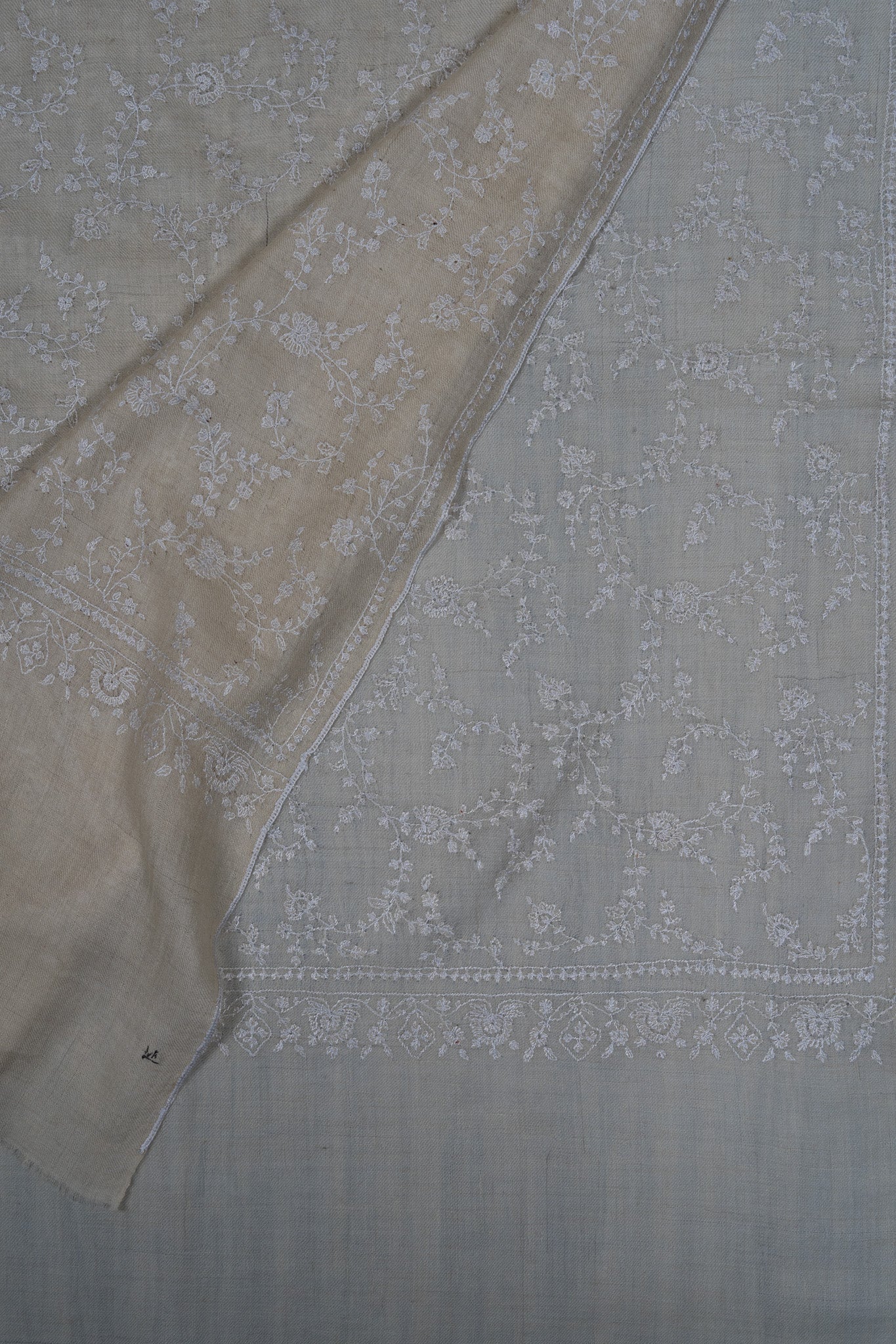 Sozni Hand Embroidered Pashmina: Ivory Whisper All Over Floral