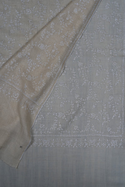Sozni Hand Embroidered Pashmina: Ivory Whisper All Over Floral