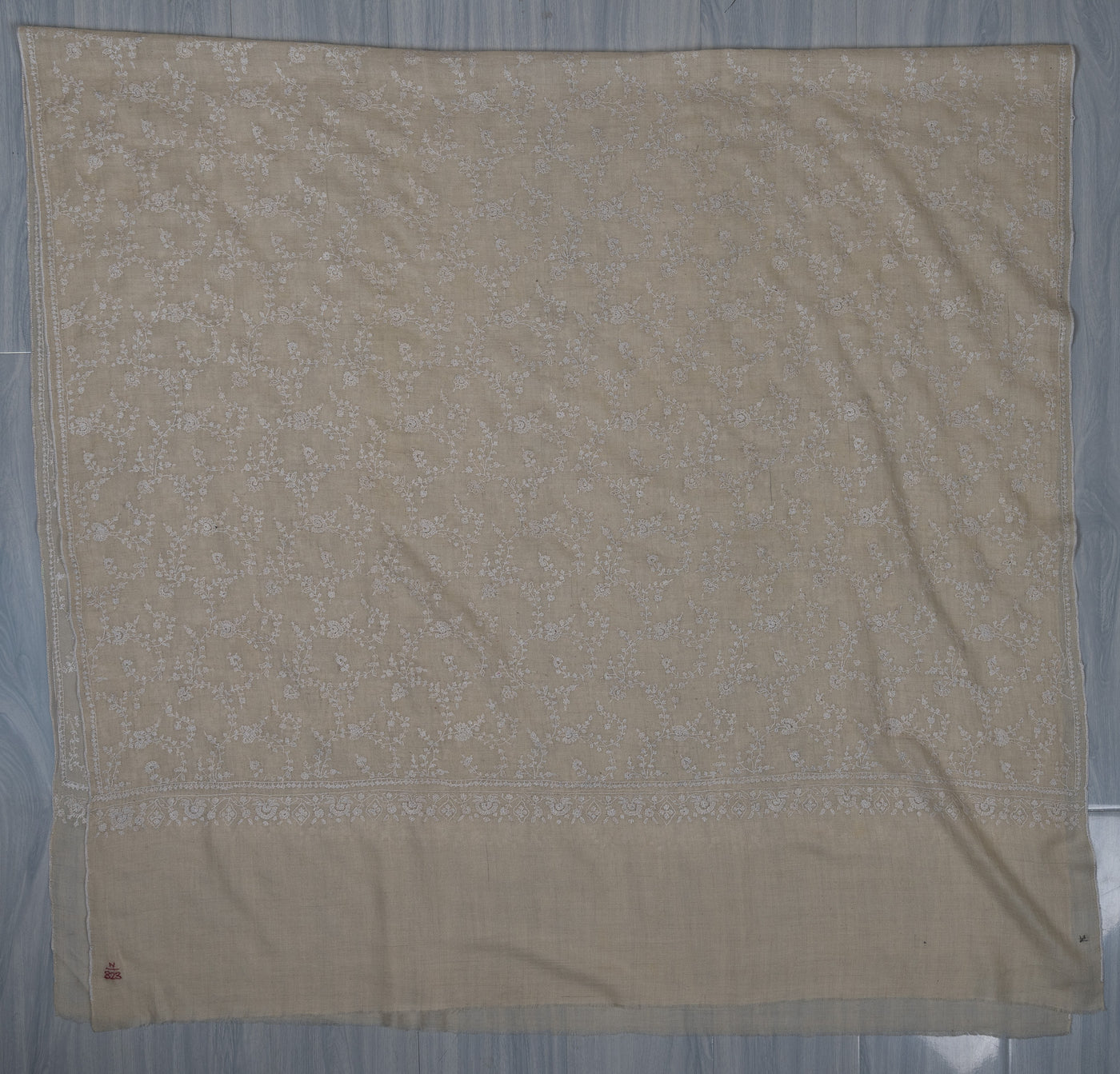 Sozni Hand Embroidered Pashmina: Ivory Whisper All Over Floral