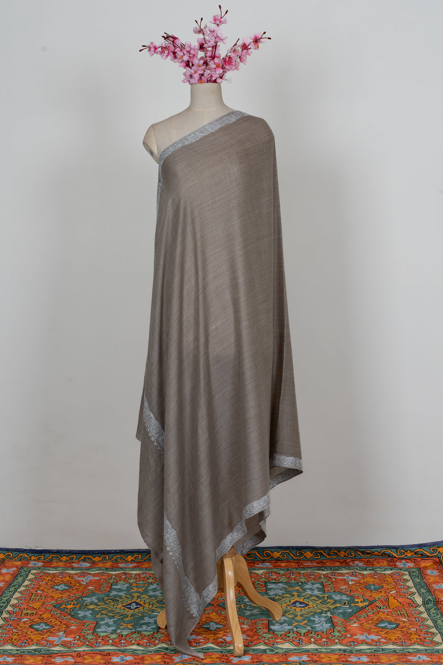 Silver Ash: Merino Wool Hand Embroidered 2.5 Yards Shawl