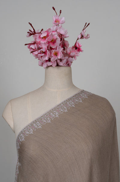 Sozni Hand Embroidered Pashmina: Mocha White Paisley Corner Frame