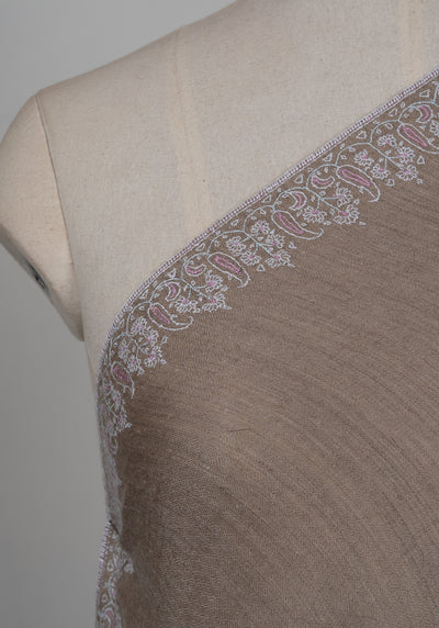 Sozni Hand Embroidered Pashmina: Mocha White Paisley Corner Frame
