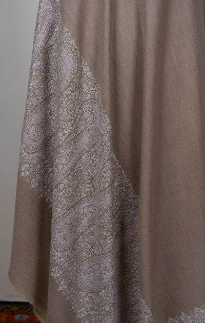Sozni Hand Embroidered Pashmina: Mocha White Paisley Corner Frame