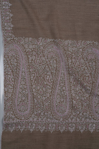 Sozni Hand Embroidered Pashmina: Mocha White Paisley Corner Frame