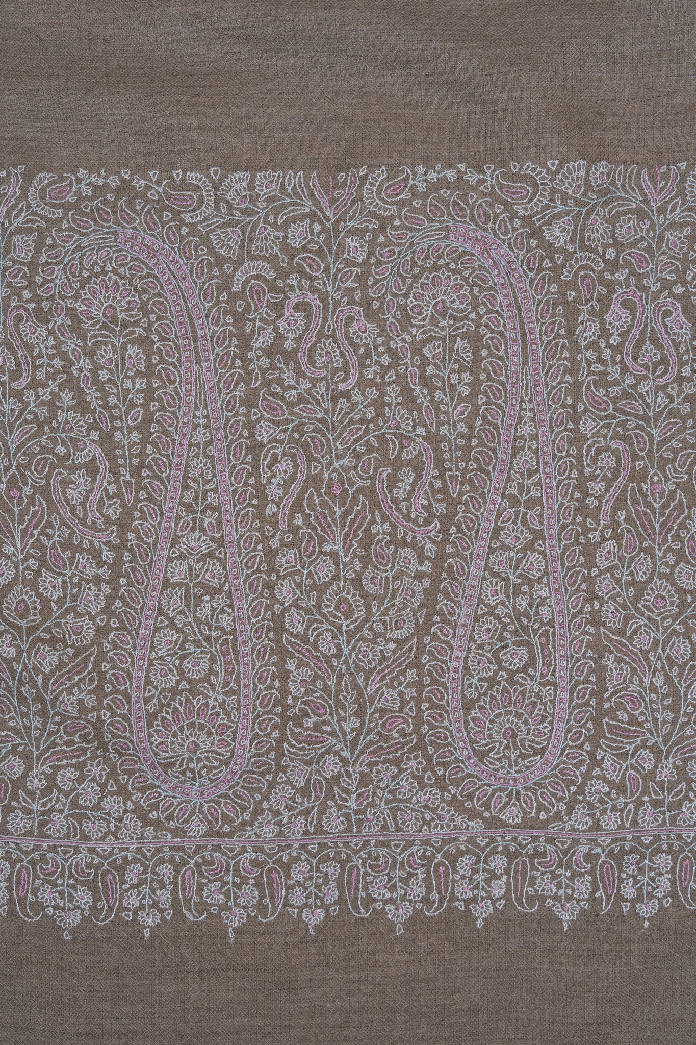 Sozni Hand Embroidered Pashmina: Mocha White Paisley Corner Frame
