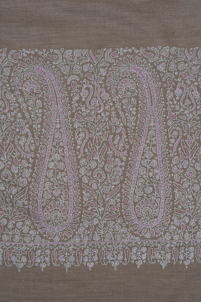 Sozni Hand Embroidered Pashmina: Mocha White Paisley Corner Frame