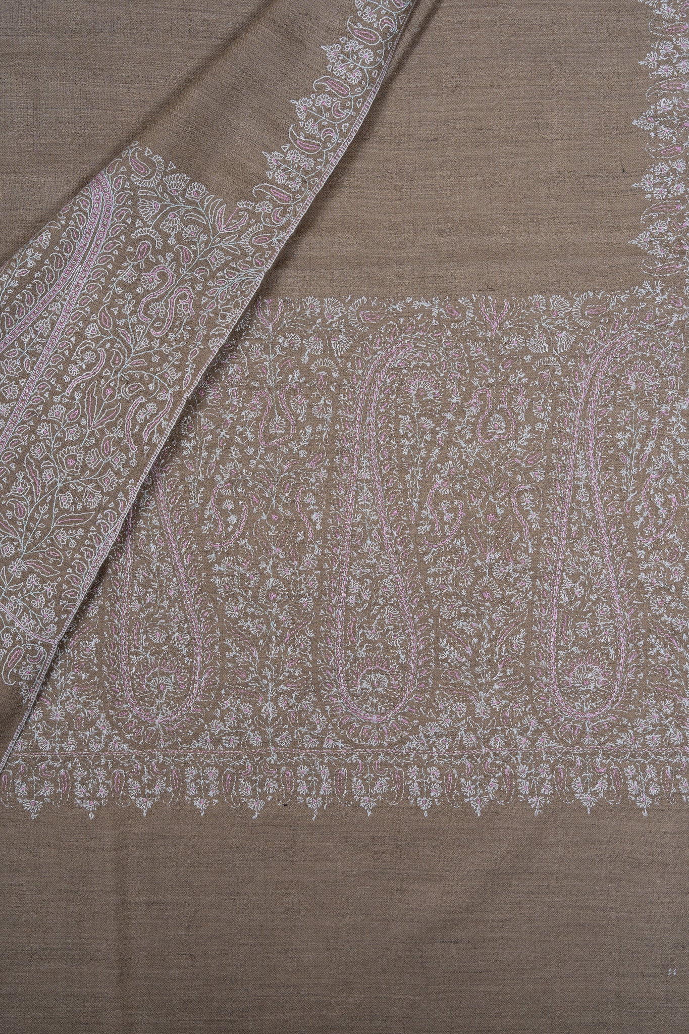 Sozni Hand Embroidered Pashmina: Mocha White Paisley Corner Frame