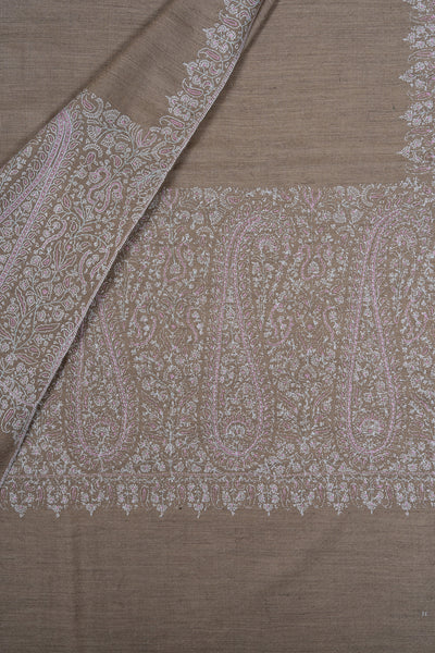 Sozni Hand Embroidered Pashmina: Mocha White Paisley Corner Frame