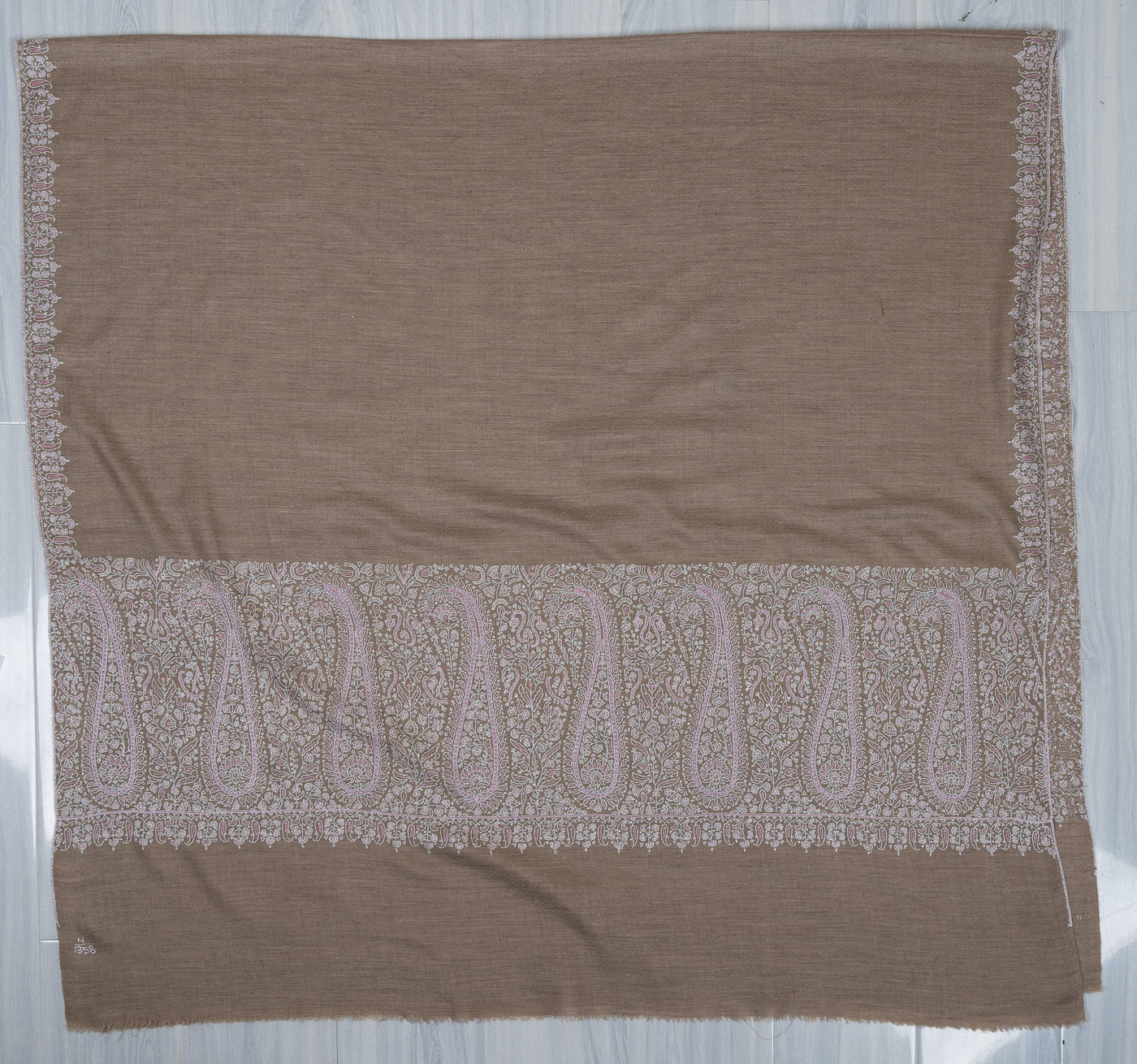 Sozni Hand Embroidered Pashmina: Mocha White Paisley Corner Frame
