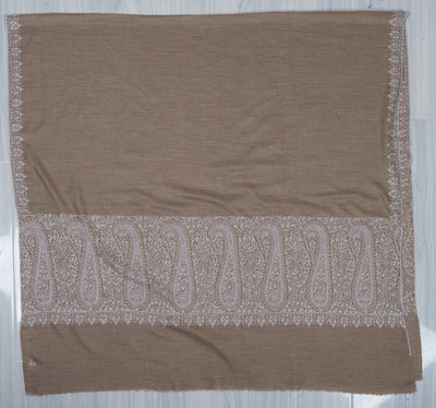 Sozni Hand Embroidered Pashmina: Mocha White Paisley Corner Frame