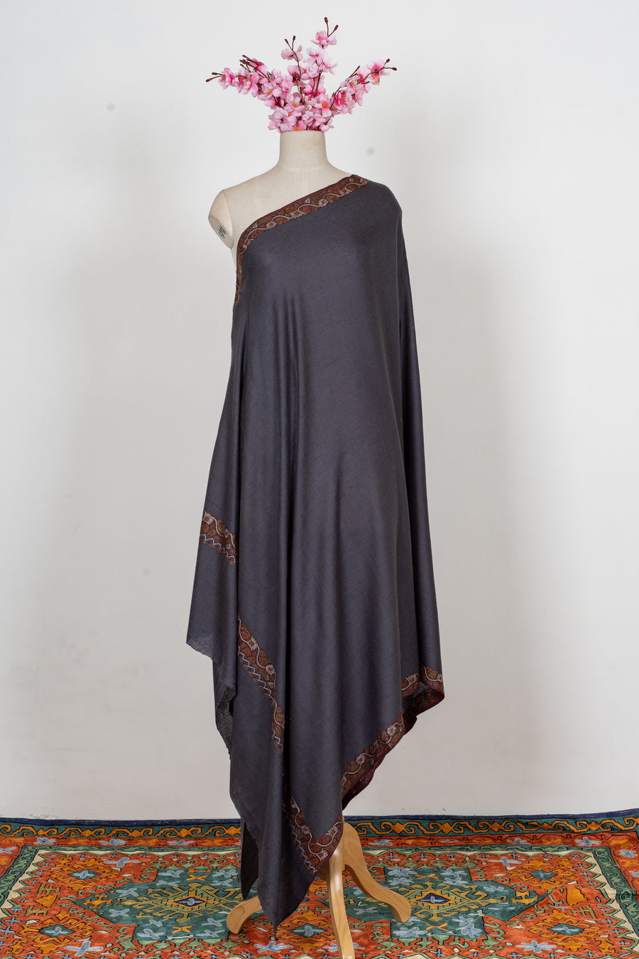 Midnight Charcoal: Merino Wool Hand Embroidered 2.5 Yards Shawl