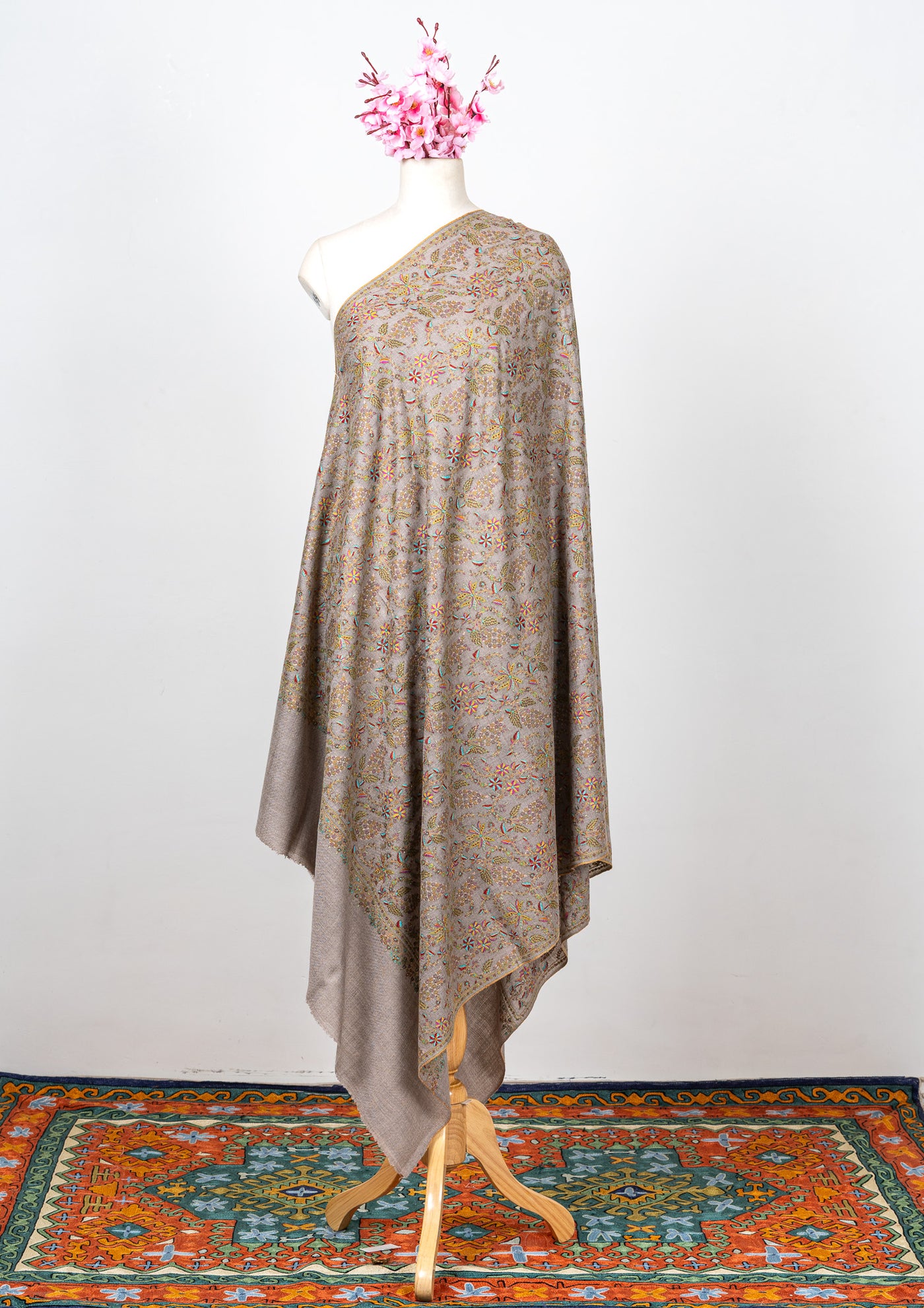 Sozni Hand Embroidered Pashmina: Taupe Multicolour Garden Spread