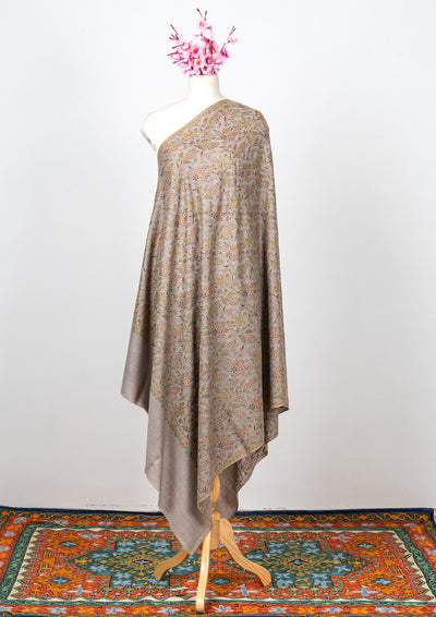 Sozni Hand Embroidered Pashmina: Taupe Multicolour Garden Spread