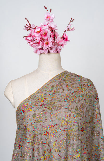 Sozni Hand Embroidered Pashmina: Taupe Multicolour Garden Spread