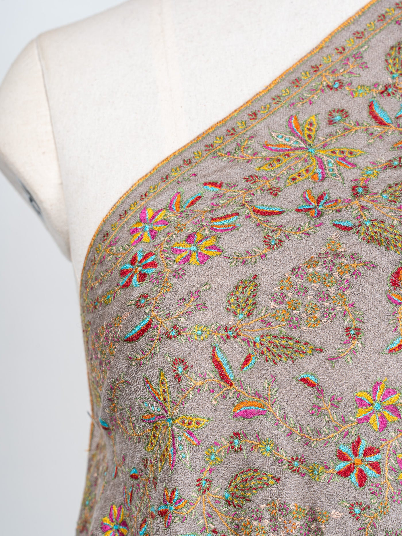 Sozni Hand Embroidered Pashmina: Taupe Multicolour Garden Spread