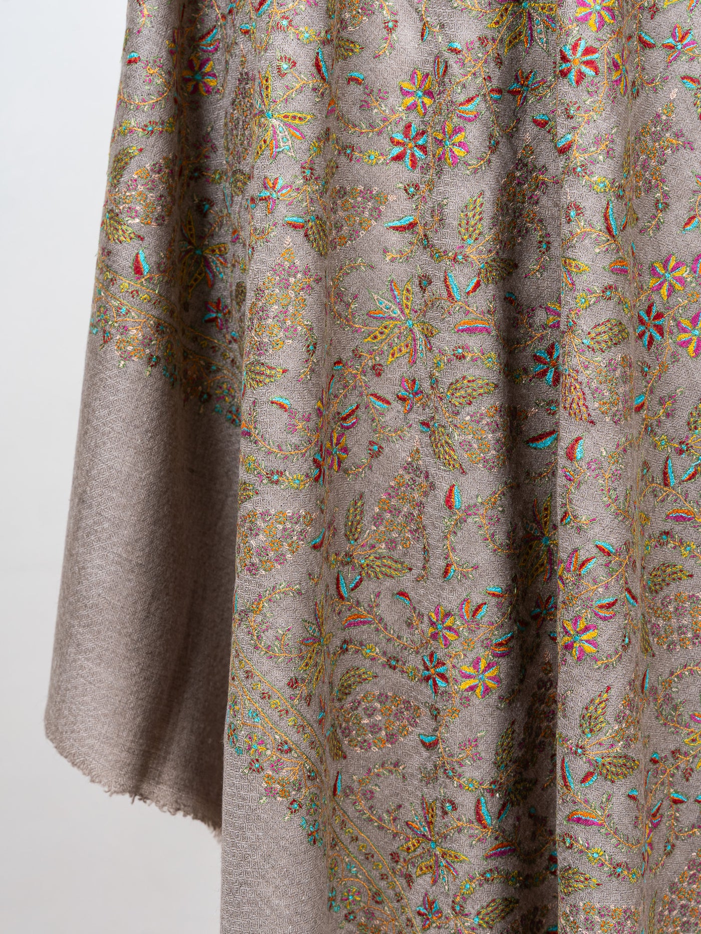 Sozni Hand Embroidered Pashmina: Taupe Multicolour Garden Spread