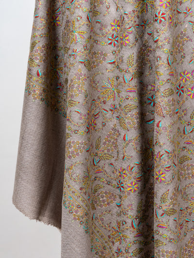 Sozni Hand Embroidered Pashmina: Taupe Multicolour Garden Spread
