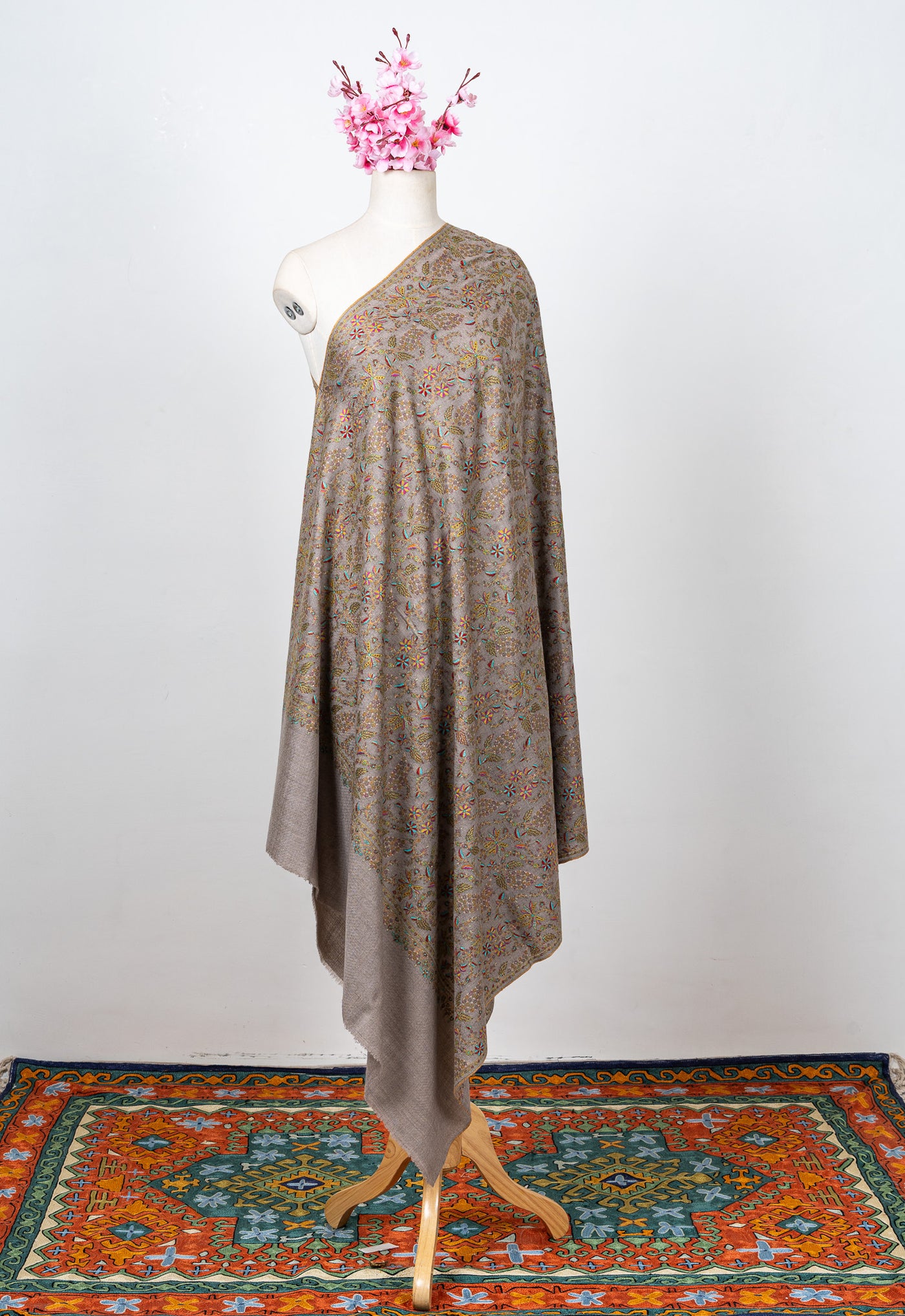 Sozni Hand Embroidered Pashmina: Taupe Multicolour Garden Spread