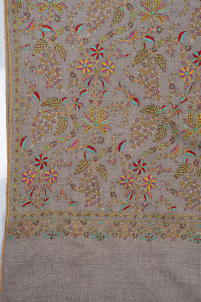 Sozni Hand Embroidered Pashmina: Taupe Multicolour Garden Spread