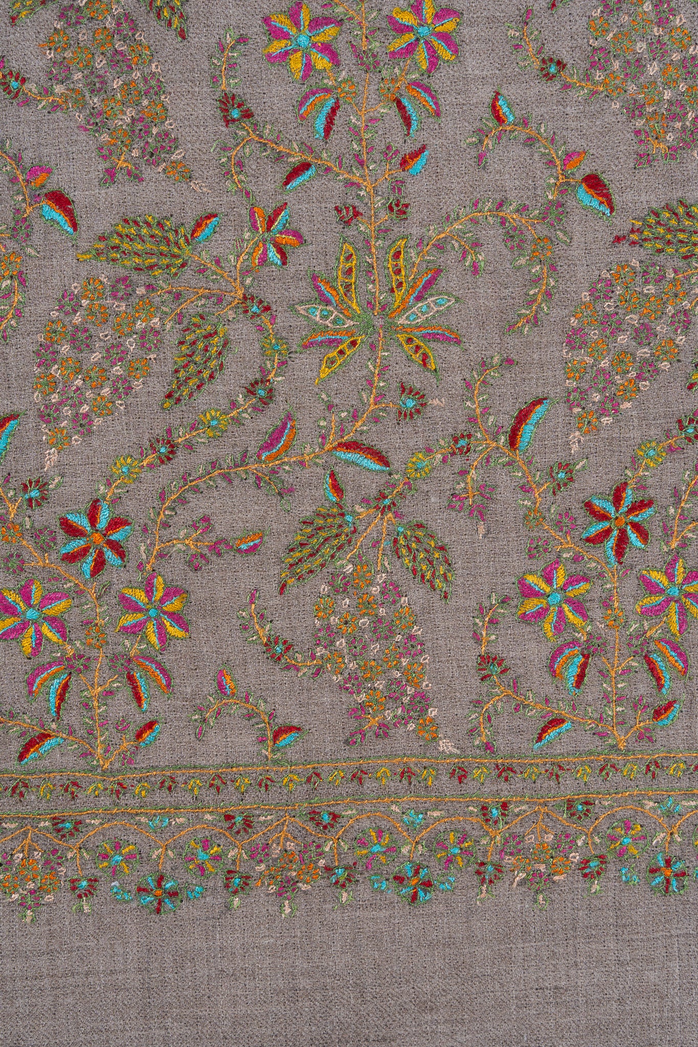 Sozni Hand Embroidered Pashmina: Taupe Multicolour Garden Spread
