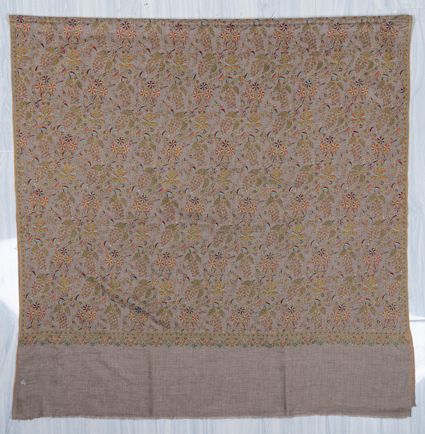 Sozni Hand Embroidered Pashmina: Taupe Multicolour Garden Spread
