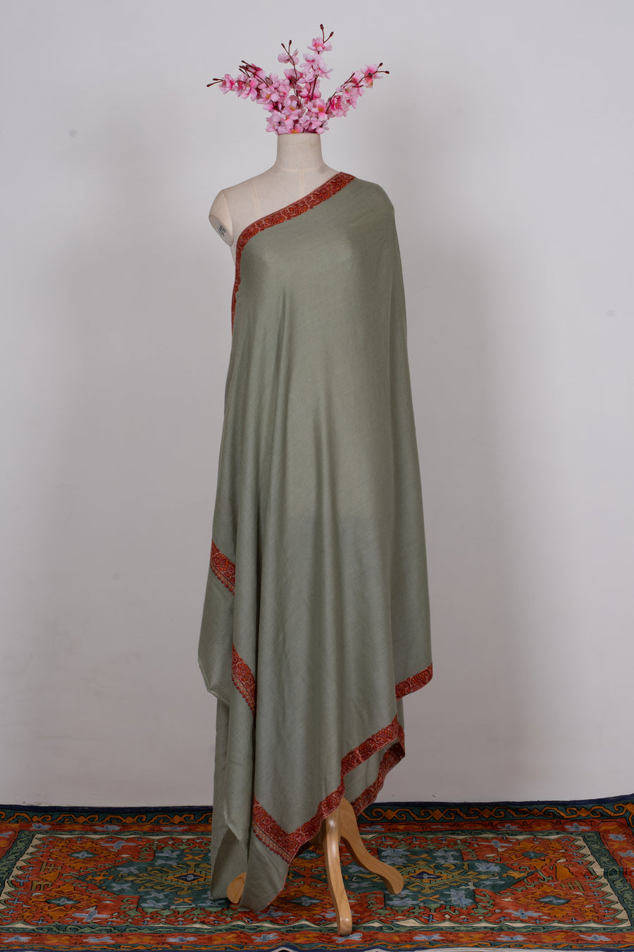Sage Whisper: Merino Wool Hand Embroidered 2.5 Yards Shawl