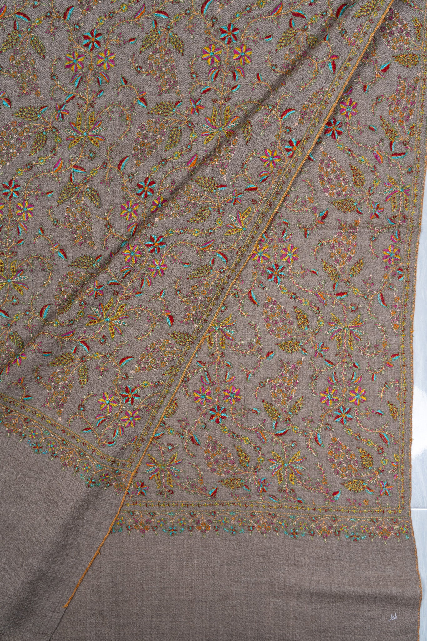 Sozni Hand Embroidered Pashmina: Taupe Multicolour Garden Spread