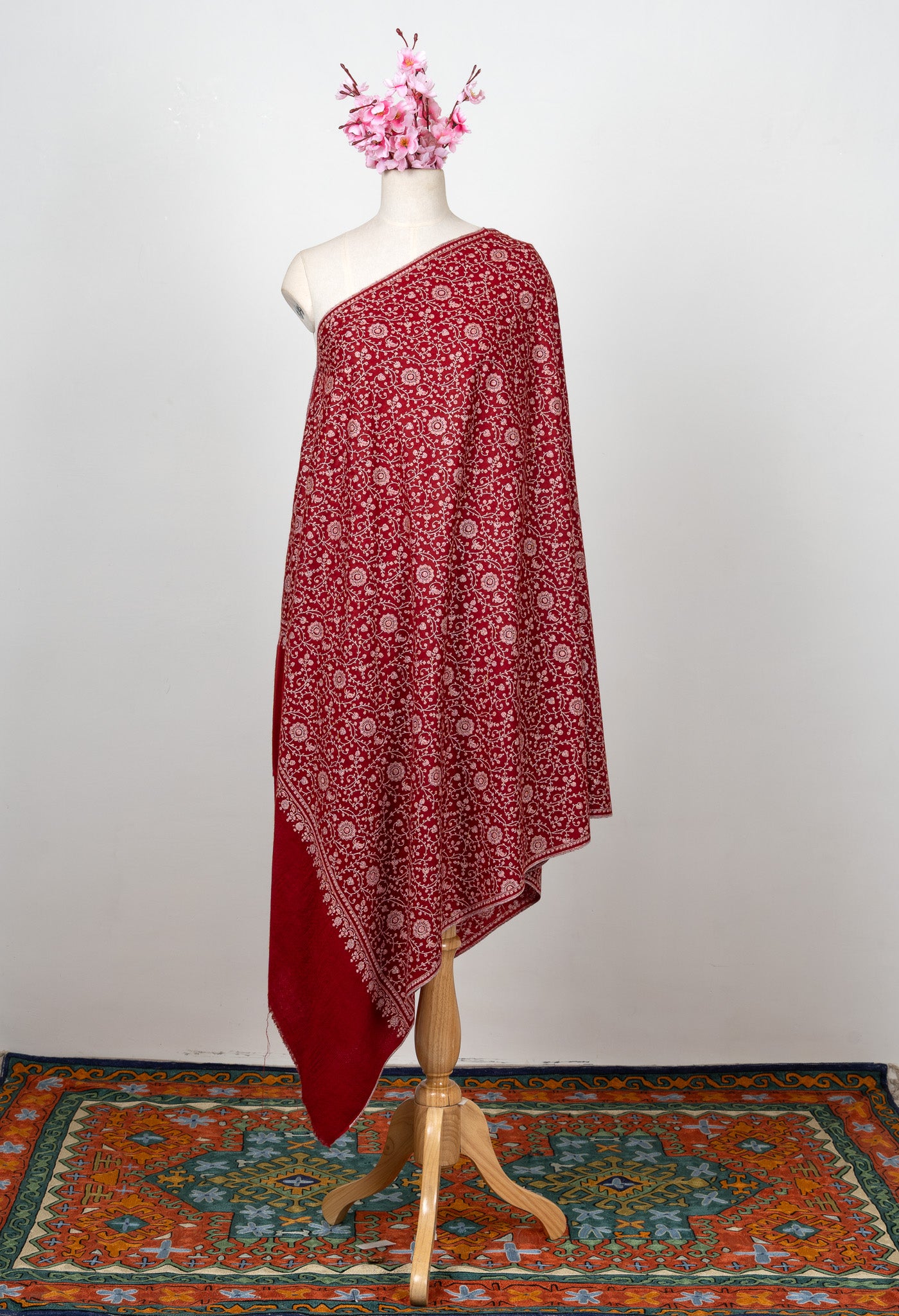 Sozni Hand Embroidered Pashmina: Crimson Garden All Over Bloom