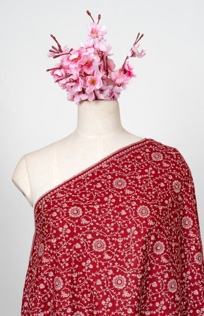 Sozni Hand Embroidered Pashmina: Crimson Garden All Over Bloom