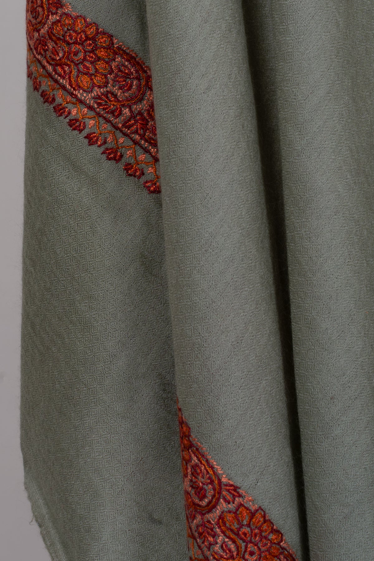 Sage Whisper: Merino Wool Hand Embroidered 2.5 Yards Shawl