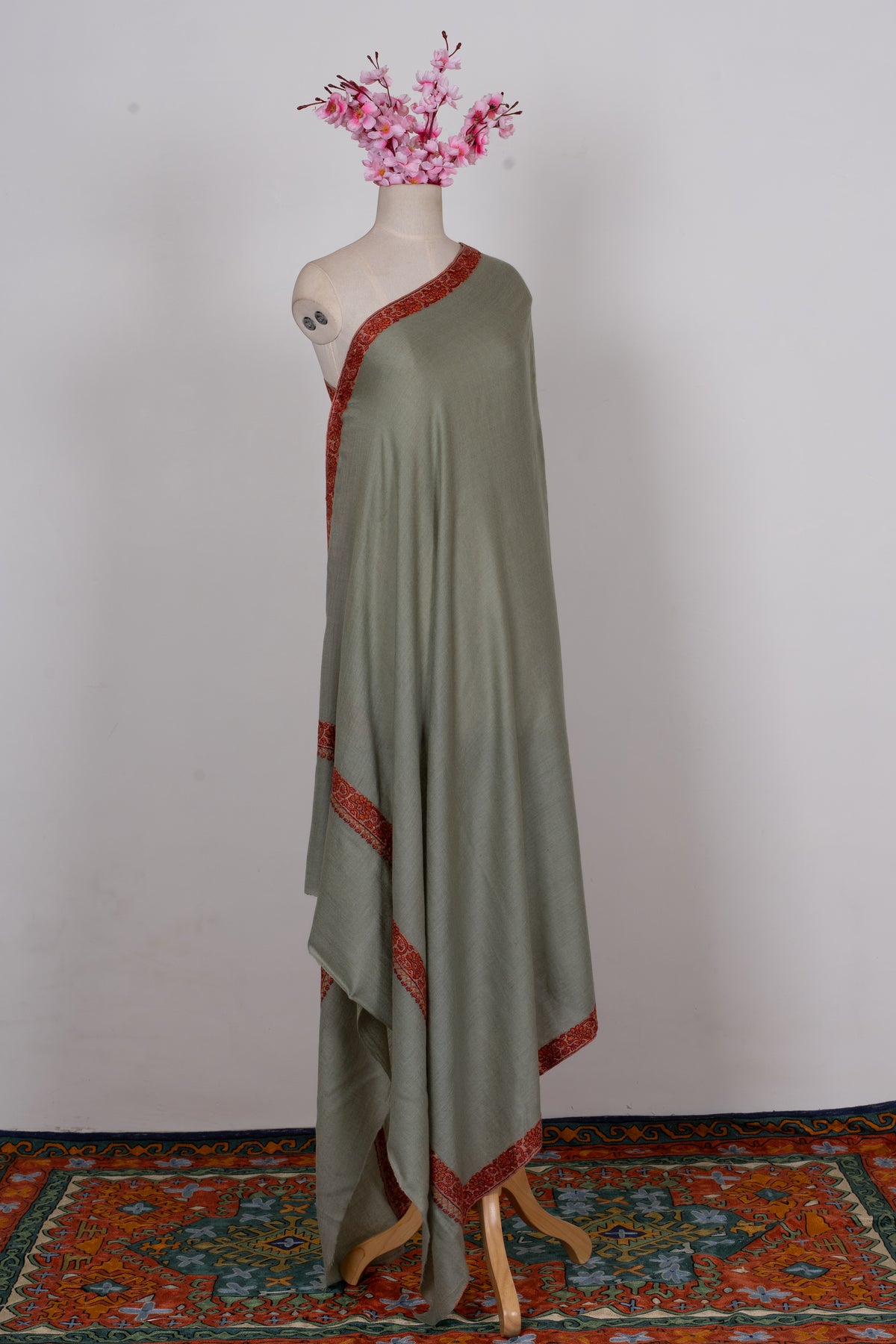 Sage Whisper: Merino Wool Hand Embroidered 2.5 Yards Shawl