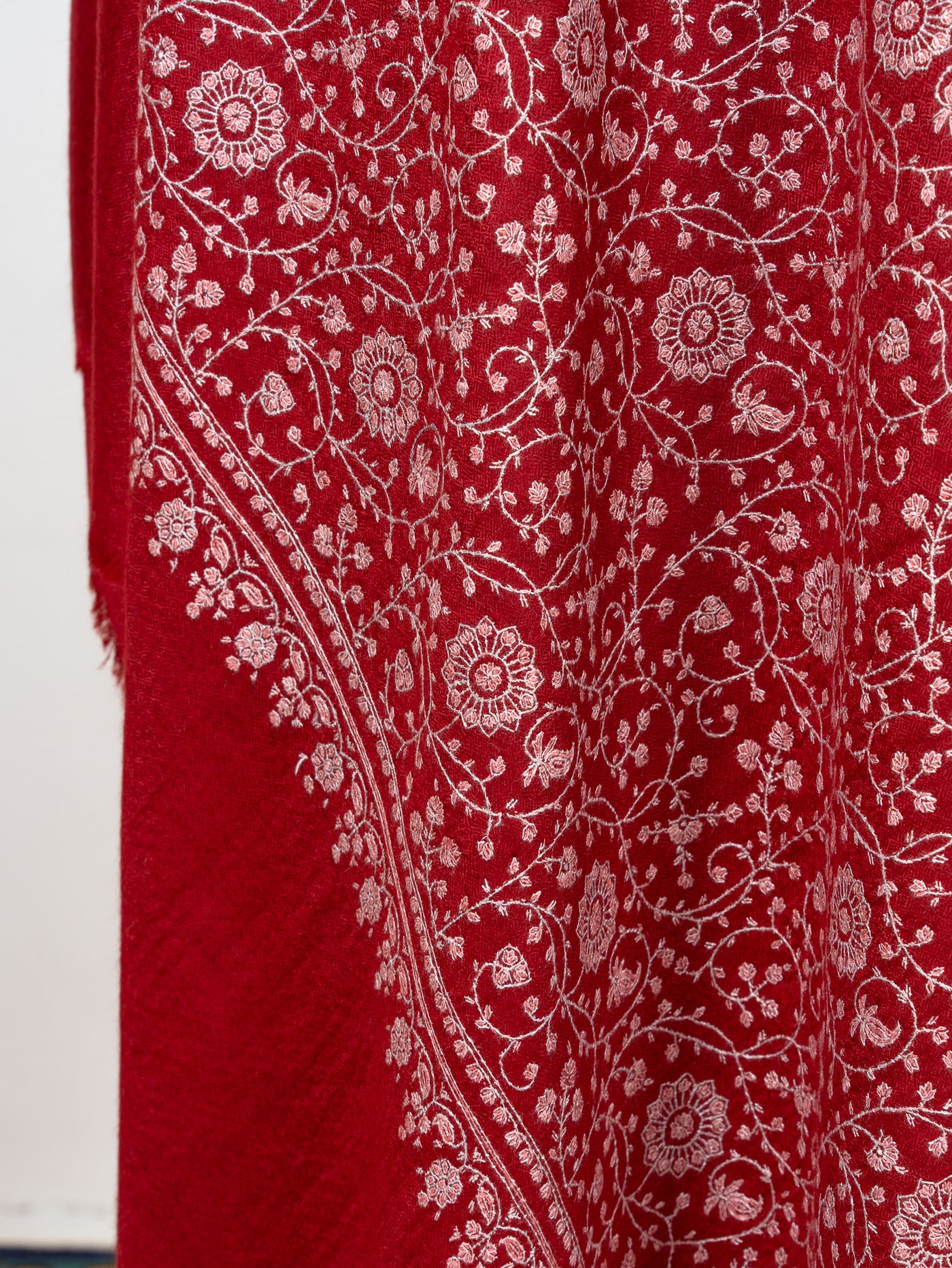 Sozni Hand Embroidered Pashmina: Crimson Garden All Over Bloom