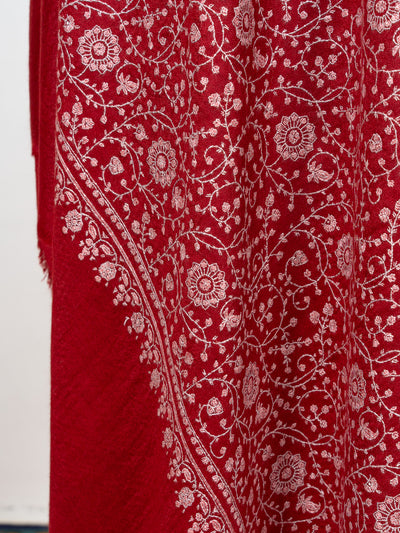 Sozni Hand Embroidered Pashmina: Crimson Garden All Over Bloom