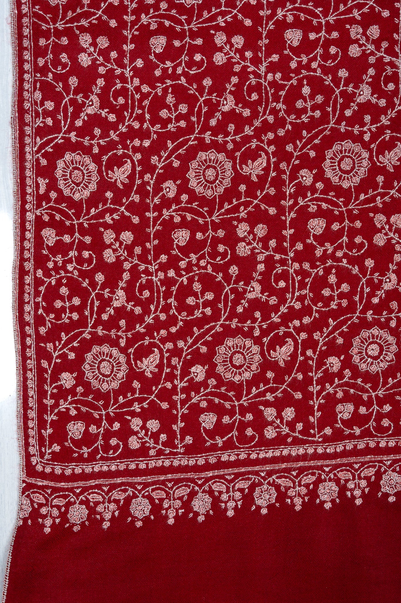 Sozni Hand Embroidered Pashmina: Crimson Garden All Over Bloom