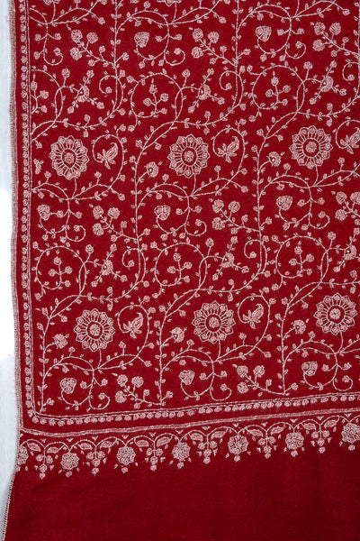Sozni Hand Embroidered Pashmina: Crimson Garden All Over Bloom