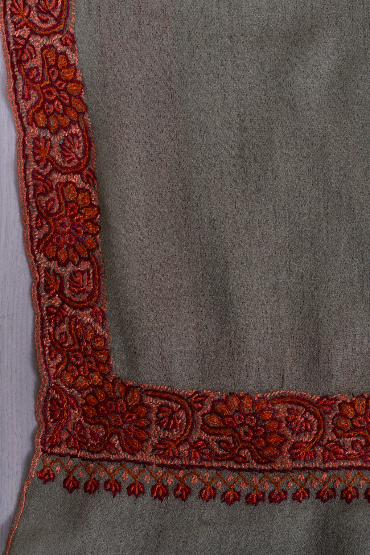 Sage Whisper: Merino Wool Hand Embroidered 2.5 Yards Shawl