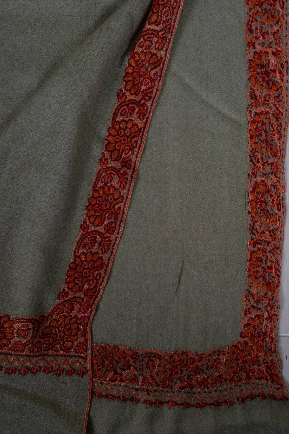 Sage Whisper: Merino Wool Hand Embroidered 2.5 Yards Shawl