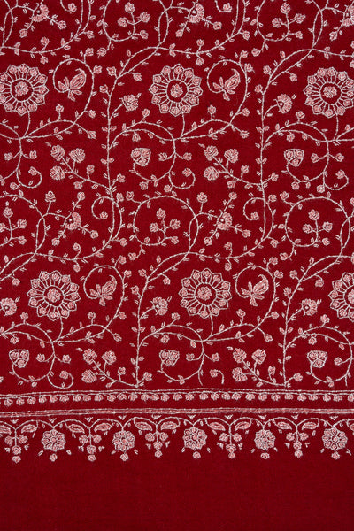 Sozni Hand Embroidered Pashmina: Crimson Garden All Over Bloom