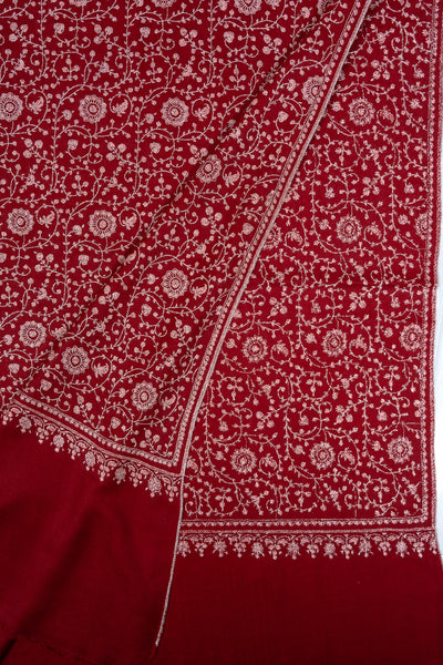 Sozni Hand Embroidered Pashmina: Crimson Garden All Over Bloom