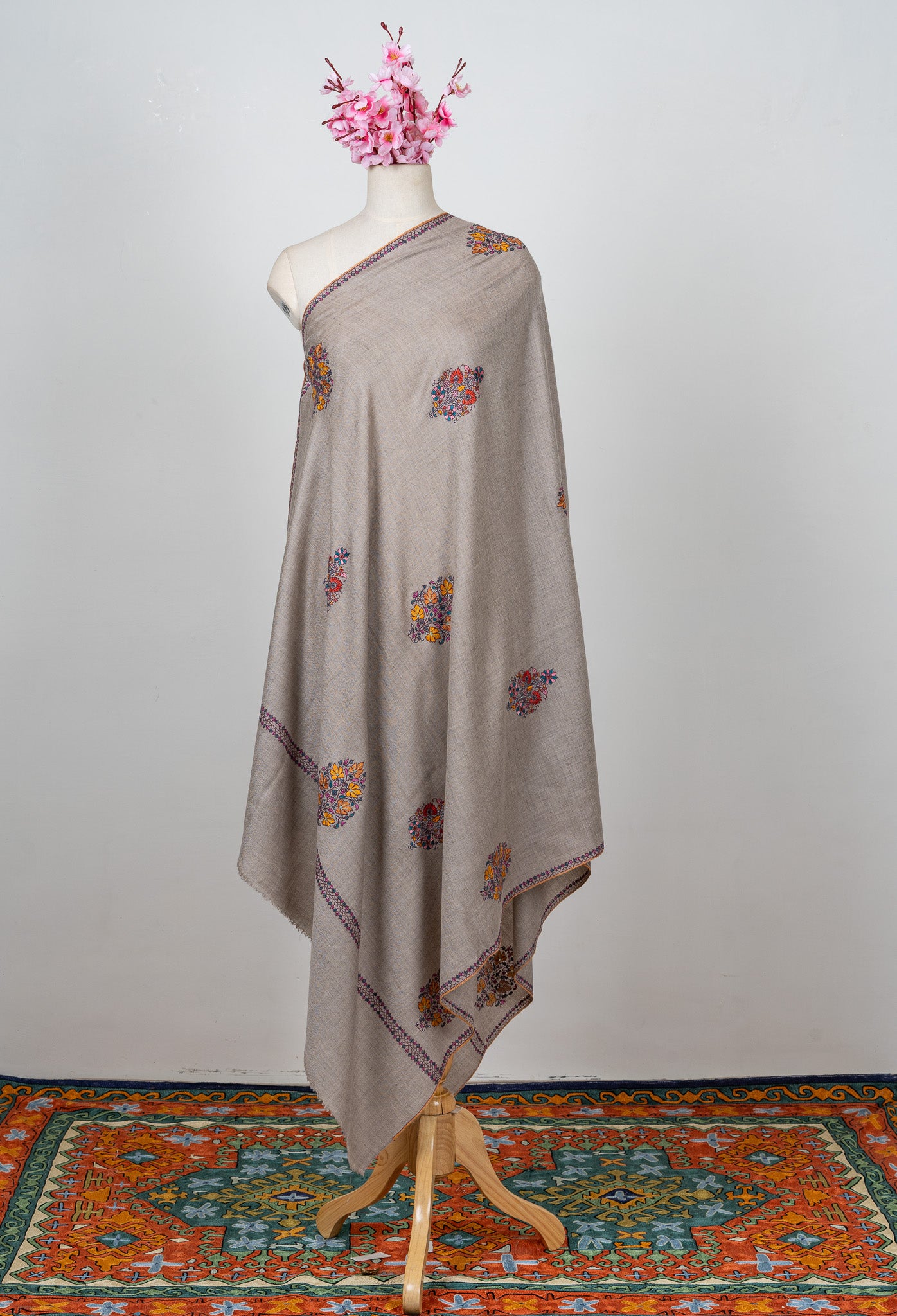 Sozni Hand Embroidered Pashmina: Multicolour Floral Medallion Drift